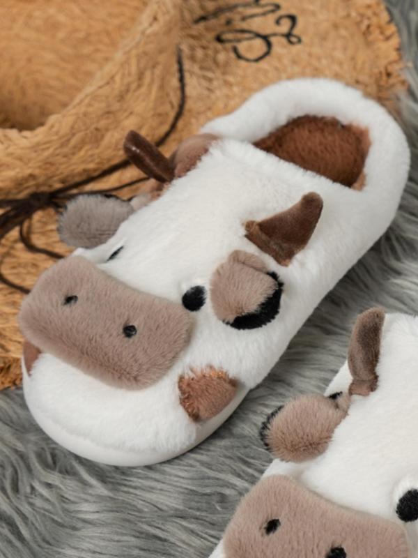 Women's Cartoon Cute Cow Design Plush Slippers, Warm Bedroom Fuzzy Platform Slippers for Daily Wear, Girl's Casual No-slip Chunky Slippers for Fall & Winter