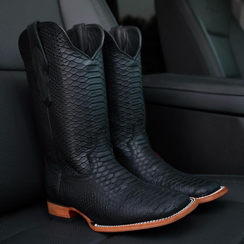 Men’s Matte Black Python Boots-Square Toe