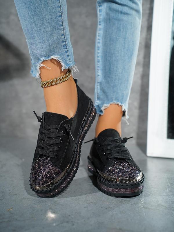 Women's Rhinestone Decor Lace Up Low Top Platform Sneakers, Casual Comfortable Sports Shoes for Daily Wear, Female All-match Round Toe Shoes for Daily Wear