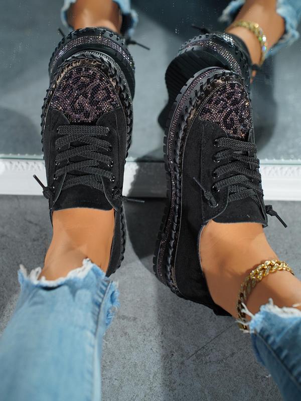 Women's Rhinestone Decor Lace Up Low Top Platform Sneakers, Casual Comfortable Sports Shoes for Daily Wear, Female All-match Round Toe Shoes for Daily Wear