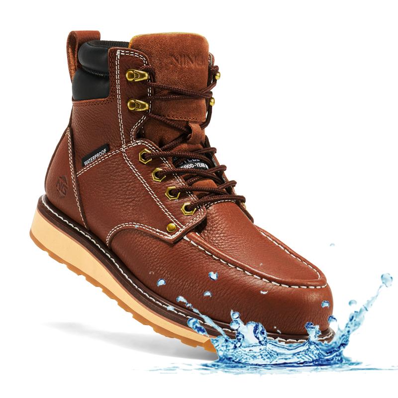 Soft Toe Soft Toe Work Boots for Men, 6 Inch Mens Waterproof Wedge Moc Toe Boots, Full-Grain Leather, Oil and Slip-Resistant Safety Boots, EH Protection, Brunt Work Boots for Men, for Construction Boy Shoe Comfort Closed Walking Shoes