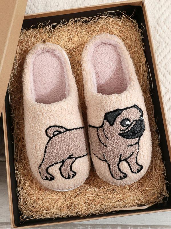 Women's Cartoon Dog Print Plush Slippers, Casual Soft Comfortable Non-slip Soft Home Slippers, Warm Slippers for Indoor & Outdoor Use，House Walking Shoes, Birthday Gifts