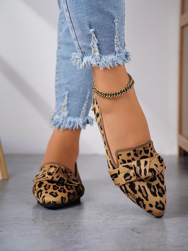 Women's Fashion Leopard Print Bow Decorated Slip on Moccasins, Casual Comfortable Pointed Toe Flat Shoes for Daily Wear, Lightweight Breathable Shoes for All Seasons