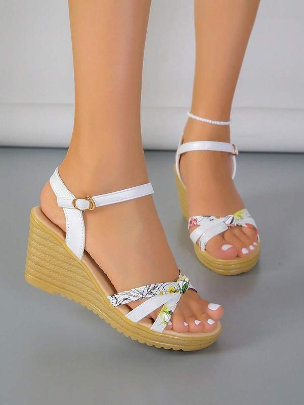 Women Floral Pattern Knot Decor Ankle Strap Wedge Sandals, Fashion Summer Sandals