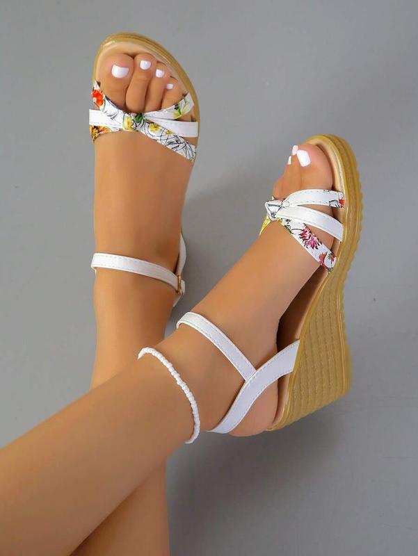 Women Floral Pattern Knot Decor Ankle Strap Wedge Sandals, Fashion Summer Sandals