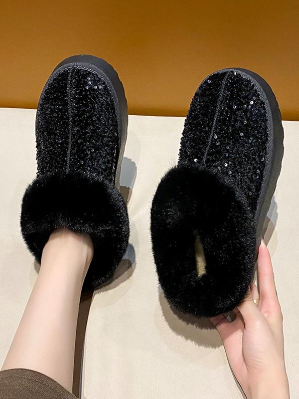 Women's Fashionable Glitter Sequin Design Plush Lining Ankle Boots, 2024 New Style Casual Warm Flat Shoes for Fall & Winter, Female All-match Round Toe Shoes for Daily Wear