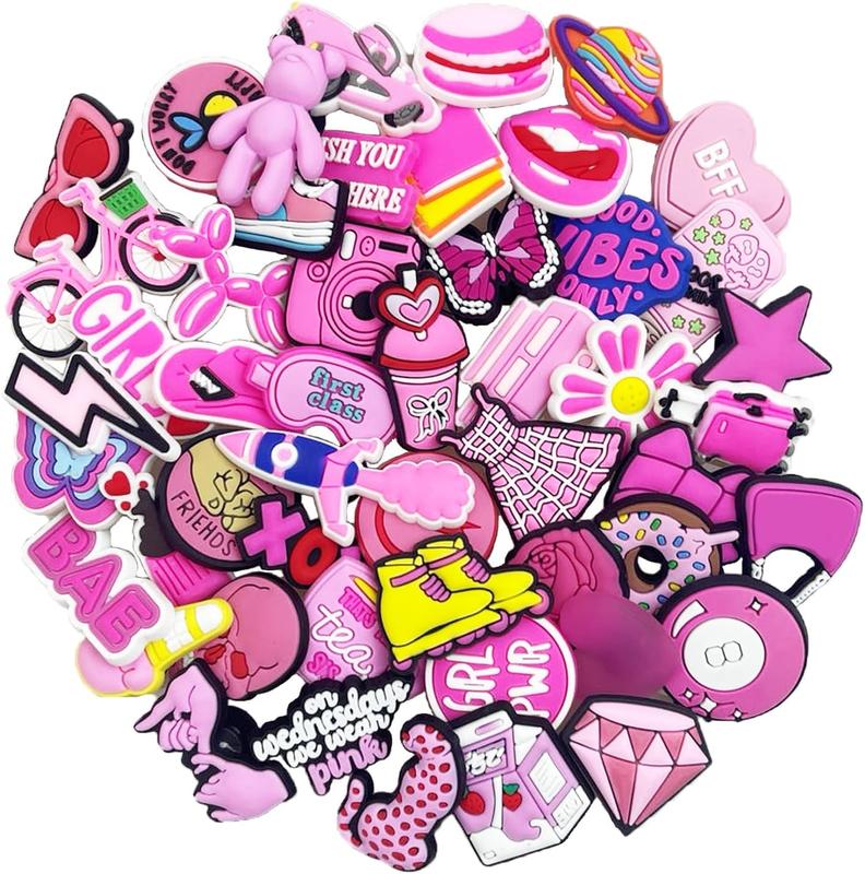 35 50 PCS Pink Preppy Shoe Decoration Charms for Kids Girls Women Cute Cartoon Shoe Charm Fit For Bracelet Wristband Clog Decoration Party Favors