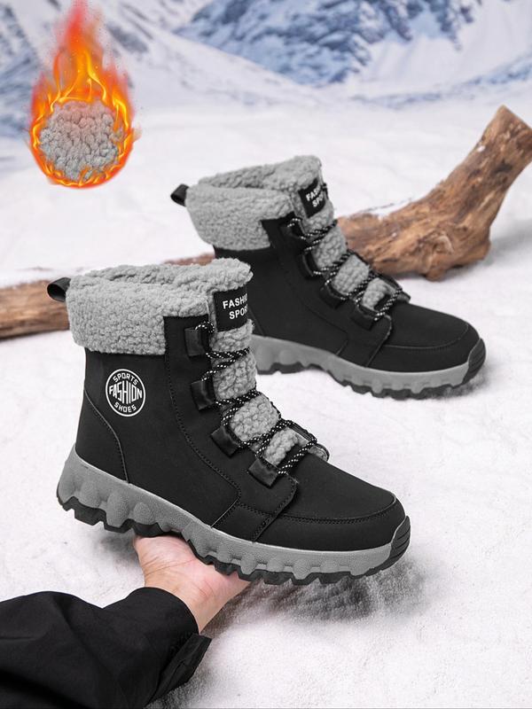 Men's Solid Color Contrast Faux Fur Lined Snow Boots, Casual Comfortable Warm Ankle Boots for Winter, Outdoor Comfortable Shoes for Men