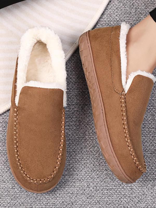 Men's Casual Solid Color Plush Lining Slippers, Non-slip Warm Home Slippers, Comfortable Silent Anti-slip Loafer Shoes for Indoor & Outdoor Wear