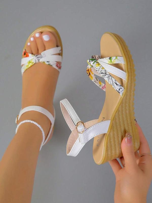 Women Floral Pattern Knot Decor Ankle Strap Wedge Sandals, Fashion Summer Sandals