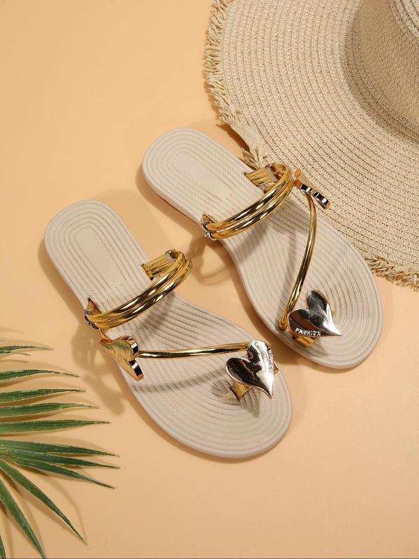 Women's 2024 Summer Fashionable Heart Decor Toe Thong Sandals, New Trend Slip on Flat Sandals for Summer, Casual Vacation Beach Sandals for Women & Girls, Birthday Gifts