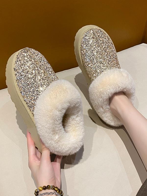 Women's Fashionable Glitter Sequin Design Plush Lining Ankle Boots, 2024 New Style Casual Warm Flat Shoes for Fall & Winter, Female All-match Round Toe Shoes for Daily Wear