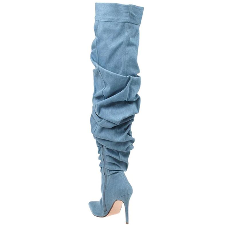 Women's  Denim Jeans Pointed Toe High Stiletto Heel Knee Slouchy Ruched Knee High  Boots