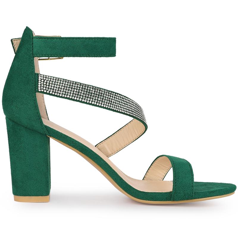 Allegra K Rhinestone Open Toe Block Heels Sandals Green