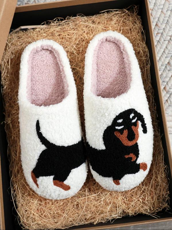 Women's Cartoon Dog Print Plush Slippers, Casual Soft Comfortable Non-slip Soft Home Slippers, Warm Slippers for Indoor & Outdoor Use，House Walking Shoes, Birthday Gifts