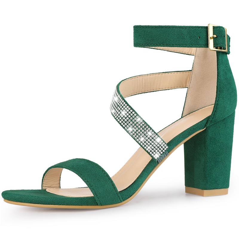 Allegra K Rhinestone Open Toe Block Heels Sandals Green