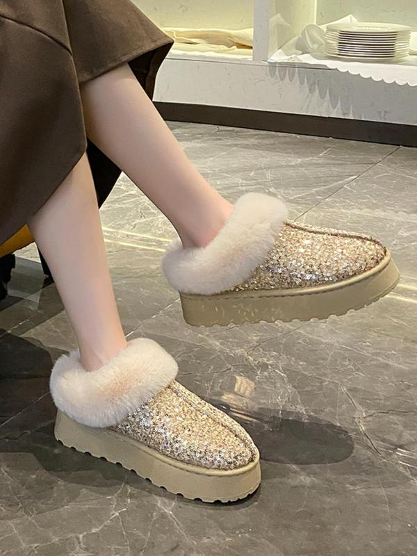 Women's Fashionable Glitter Sequin Design Plush Lining Ankle Boots, 2024 New Style Casual Warm Flat Shoes for Fall & Winter, Female All-match Round Toe Shoes for Daily Wear