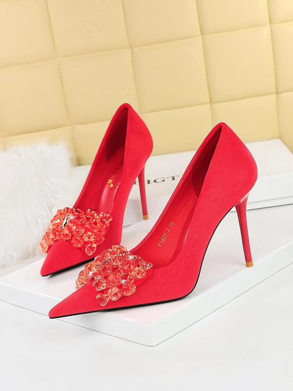 Women's Rhinestone Decor Bowknot Design Stiletto Heels, Elegant Pointed Toe High Heel Shoes for Party, Banquet, Fashion Heeled Shoes for Women & Girls