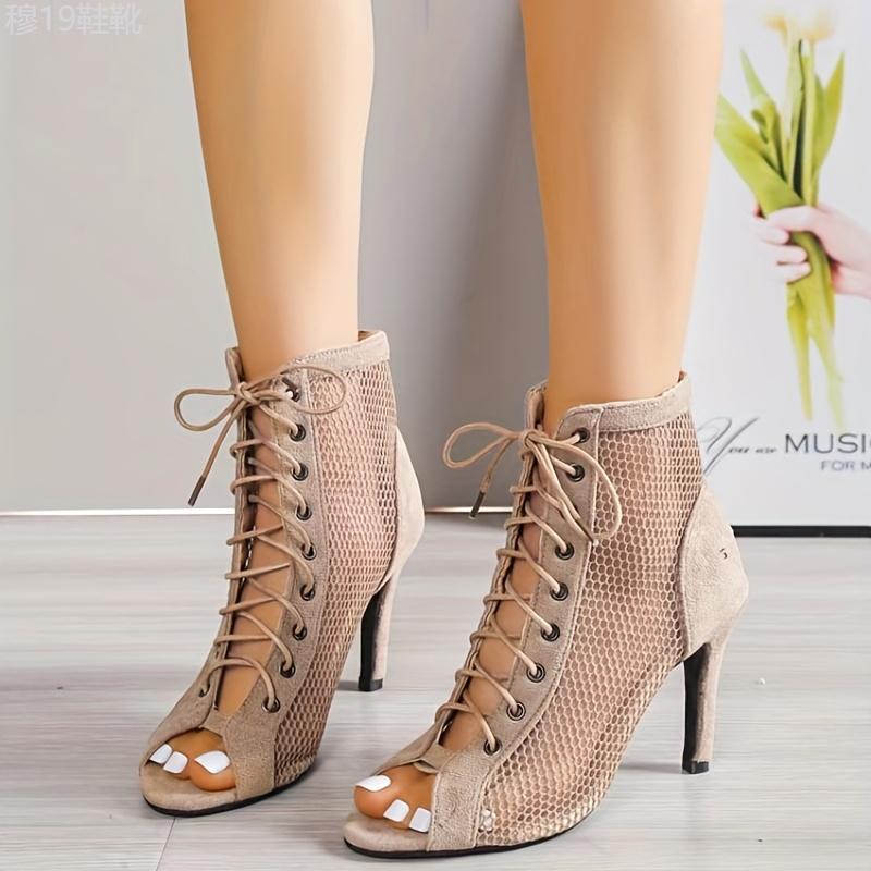 Chic High-Heel Mesh Sandals - Strappy Lace-Up, Stiletto Elegance, Open Toe for the Fashion-Conscious Woman Shoe Girl