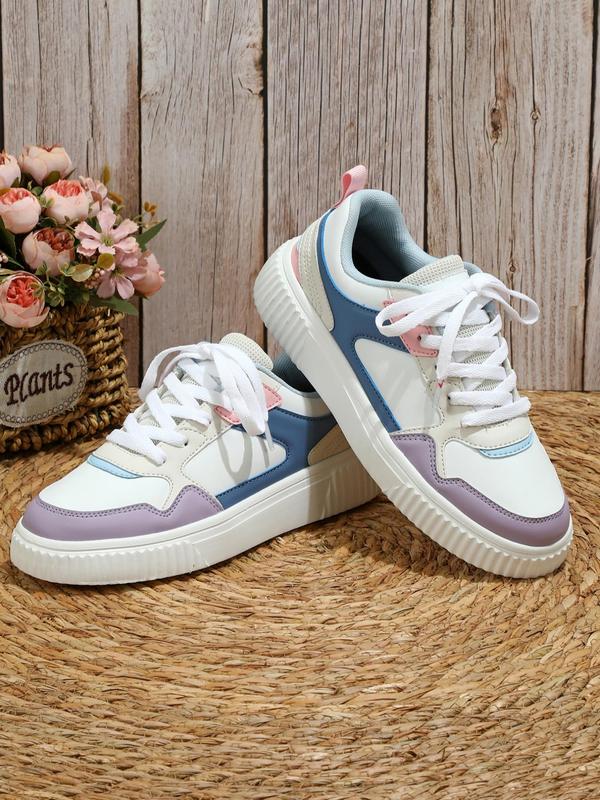 Fashionable Colorblock Lace Up Low Top Designer Sneakers, Casual Comfortable Breathable Skate Walking Shoes, Female All-match Round Toe Footwear Shoes for Trainer Daily Wear, Cute Sneakers, Fall Shoes 2024