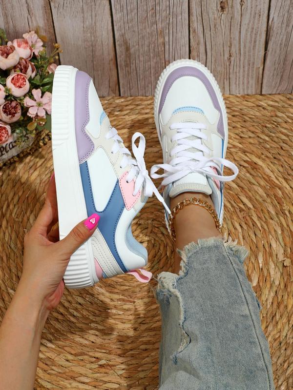 Fashionable Colorblock Lace Up Low Top Designer Sneakers, Casual Comfortable Breathable Skate Walking Shoes, Female All-match Round Toe Footwear Shoes for Trainer Daily Wear, Cute Sneakers, Fall Shoes 2024