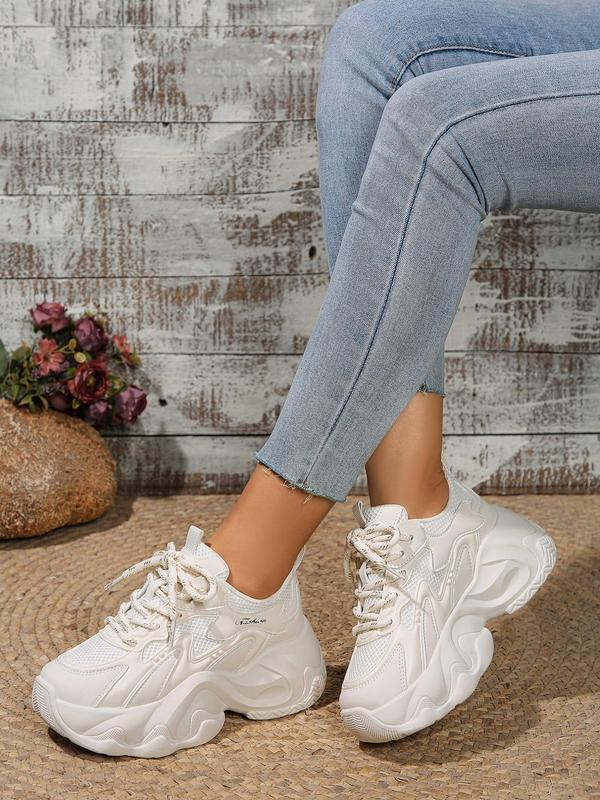 Fashionable Plain Color Lace Up Low Top Chunky Sneakers, Casual Comfortable Breathable Wedge Sneakers for Women, Female All-match Round Toe Shoes for Women