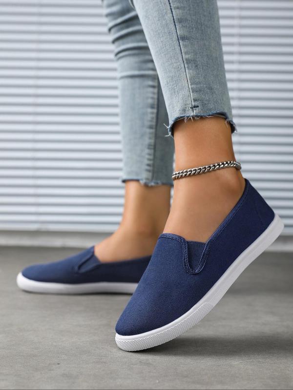 Women's Solid Color Canvas Low Top Slip on Shoes, Casual Comfortable Round Toe Denim Flat Shoes, All-match Commuter Shoes for Work & Daily Wear