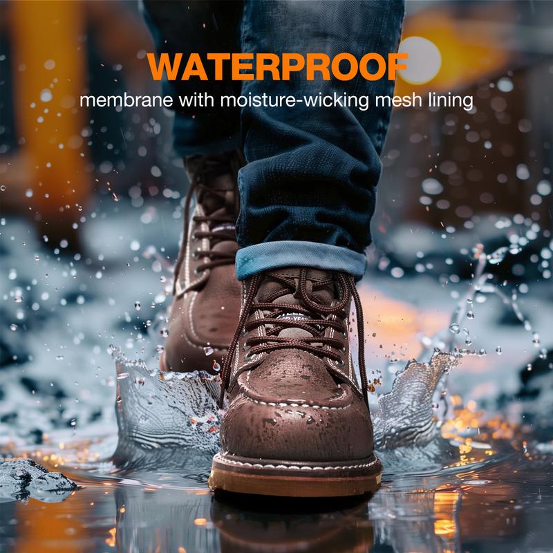 Soft Toe Soft Toe Work Boots for Men, 6 Inch Mens Waterproof Wedge Moc Toe Boots, Full-Grain Leather, Oil and Slip-Resistant Safety Boots, EH Protection, Brunt Work Boots for Men, for Construction Boy Shoe Comfort Closed Walking Shoes