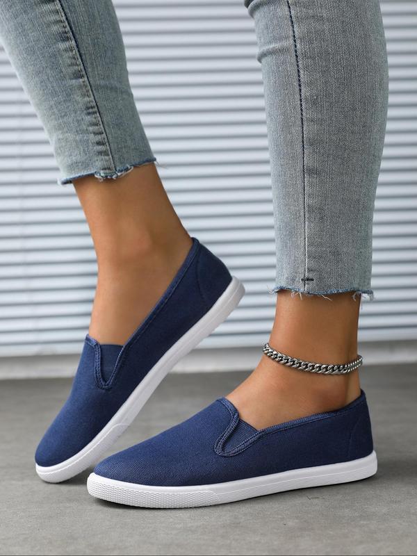 Women's Solid Color Canvas Low Top Slip on Shoes, Casual Comfortable Round Toe Denim Flat Shoes, All-match Commuter Shoes for Work & Daily Wear