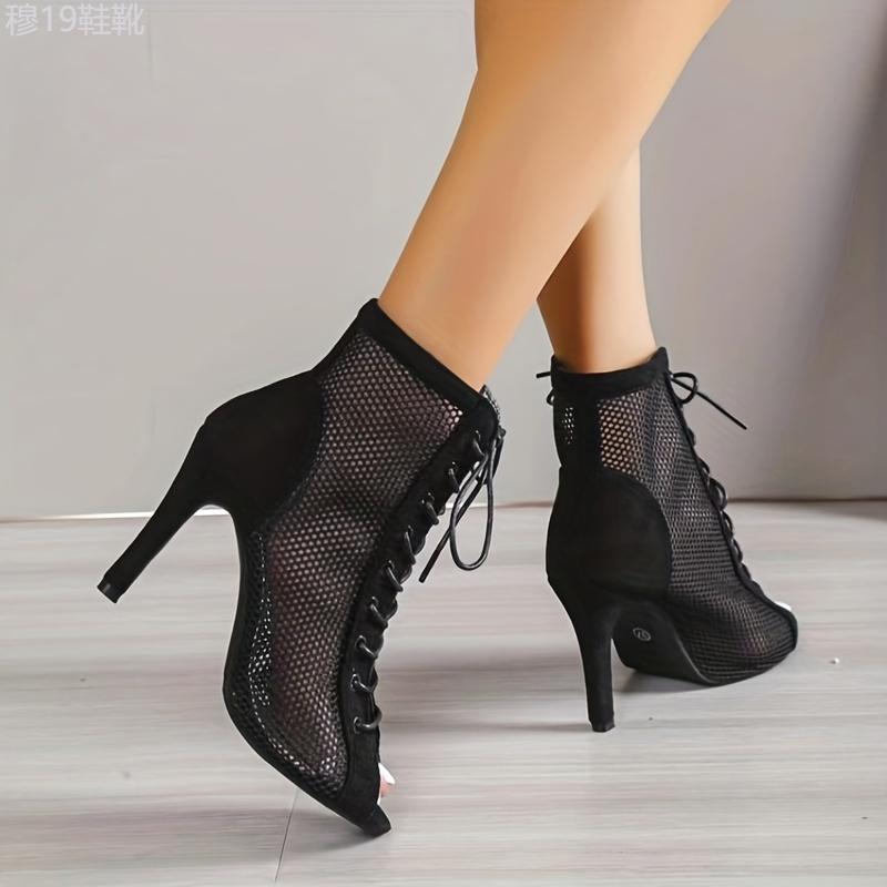 Chic High-Heel Mesh Sandals - Strappy Lace-Up, Stiletto Elegance, Open Toe for the Fashion-Conscious Woman Shoe Girl