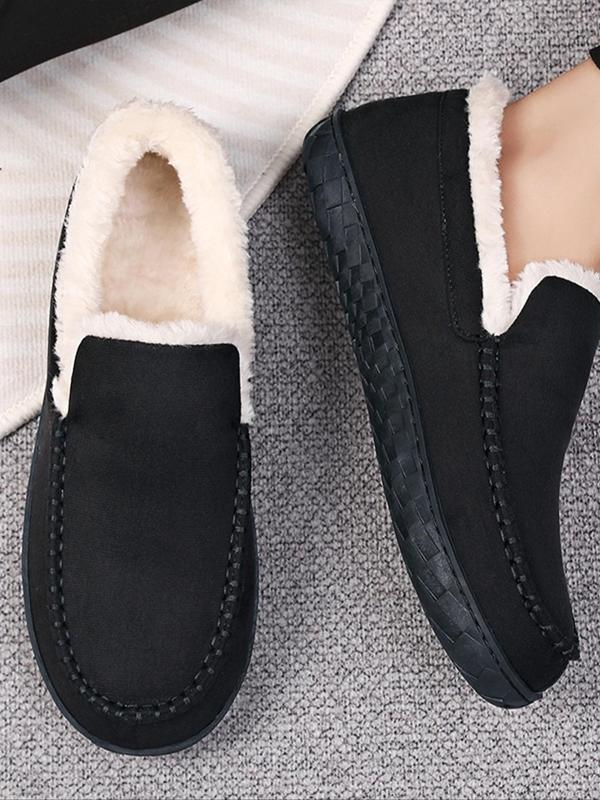 Men's Casual Solid Color Plush Lining Slippers, Non-slip Warm Home Slippers, Comfortable Silent Anti-slip Loafer Shoes for Indoor & Outdoor Wear