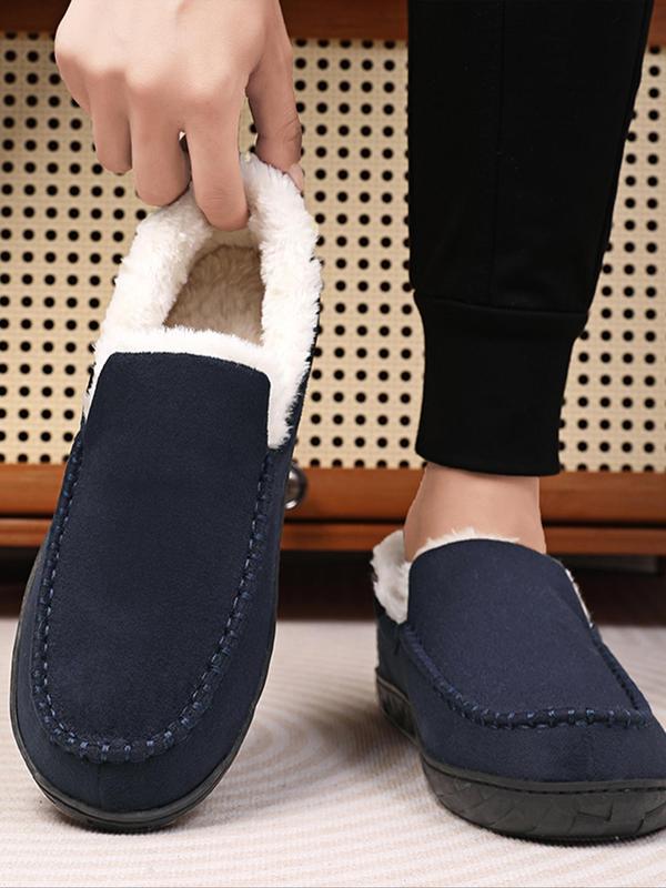 Men's Casual Solid Color Plush Lining Slippers, Non-slip Warm Home Slippers, Comfortable Silent Anti-slip Loafer Shoes for Indoor & Outdoor Wear