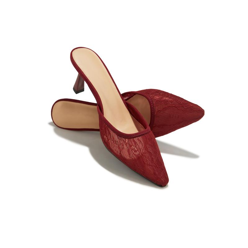 Madelyn Pointed Toe Mid Heel Mules - Cherry