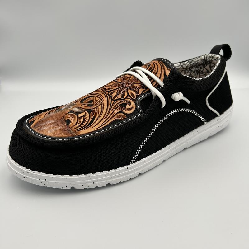 Double R Western Tooled Leather Shoes (Black - Hunting Fishing)