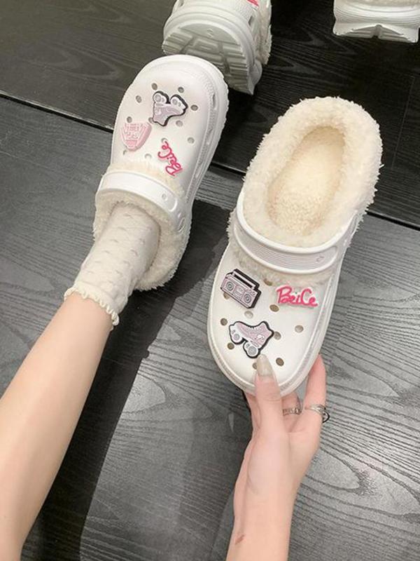 Women's Cute Cartoon Pattern Decoration Non-slip Plush Slippers, Casual Soft Comfortable Vented Clogs, Warm Slippers for Indoor & Outdoor Use for Winter