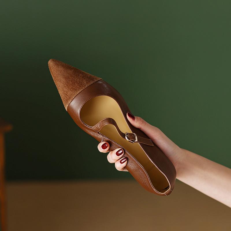 Retro Brown Pointed Toe Pumps Women's Soft Leather New Flat Heel Low-Cut Pumps Buckle Flat Shoes