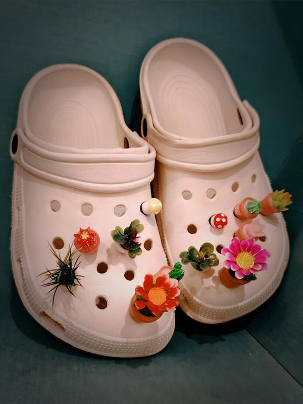 Women's Cute Pot Plants & Flower Design Clogs Charms, 12pcs set Trendy Novelty Colorful Shoes Charms, Chic Shoes Accessories for Clogs Decor