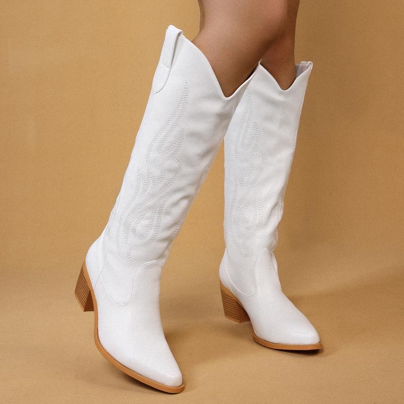 Cowboy Boots for Women - Wide Calf Cowgirl Knee High Boots with Side Zip and Embroidery, Pointed Toe Western Outfit Boots Chunky Heel Retro Tall, Pull On for Girls Ladies Botas