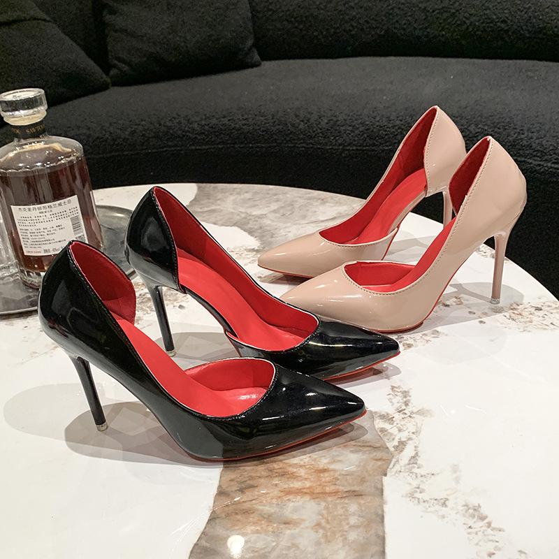 34-Size 44 plus Size Side Empty Patent Leather Red Bottom High Heels Women's Stiletto Heel Funny Pointed Toe Sexy Bed Fun Pumps