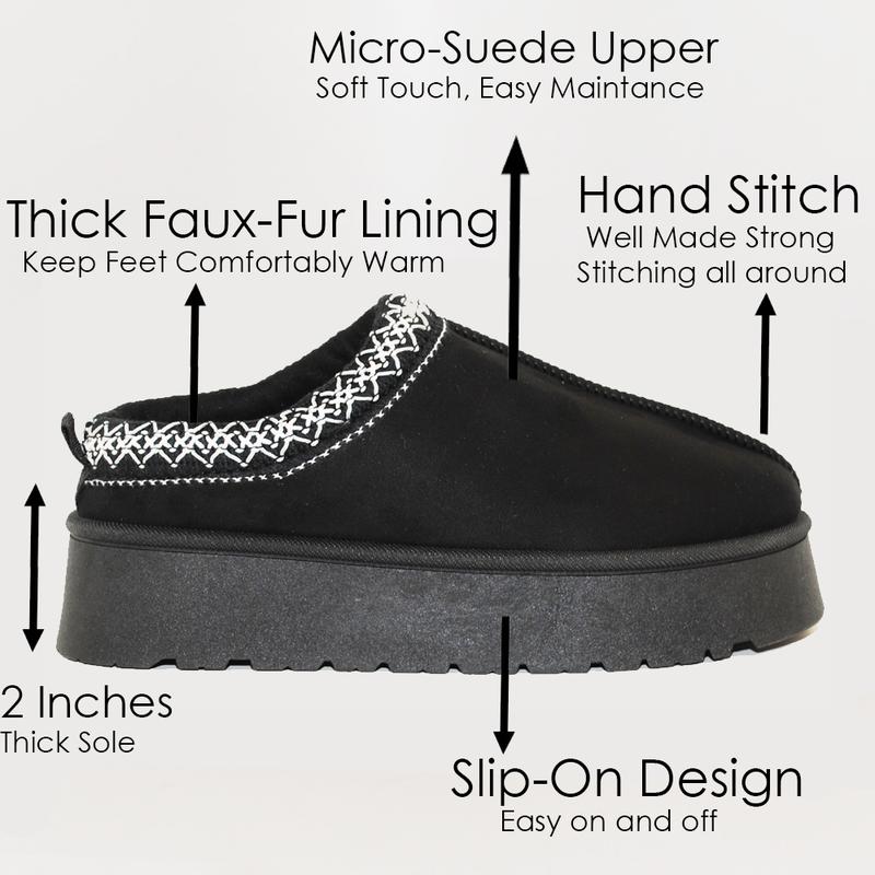 Women's Platform Slippers - Fur Fleece Lined, Slip-on, Durable for Indoor Outdoor. Warm, Lightweight with Suede Upper and Rubber Sole for Comfort.