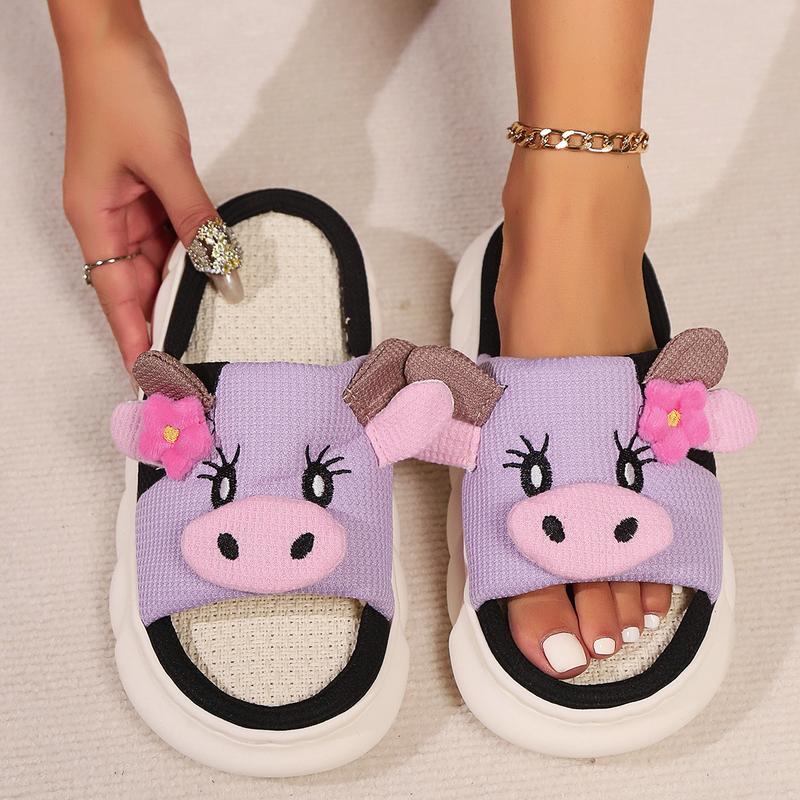 Women's Men's Cow Slippers, Cow Linen Slippers, Cow Cloud Slide Pillow Slippers Sandals Walking Shoes Footwear Soft Classic