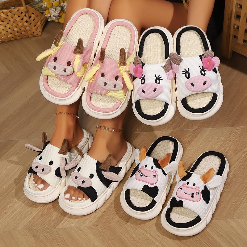 Women's Men's Cow Slippers, Cow Linen Slippers, Cow Cloud Slide Pillow Slippers Sandals Walking Shoes Footwear Soft Classic