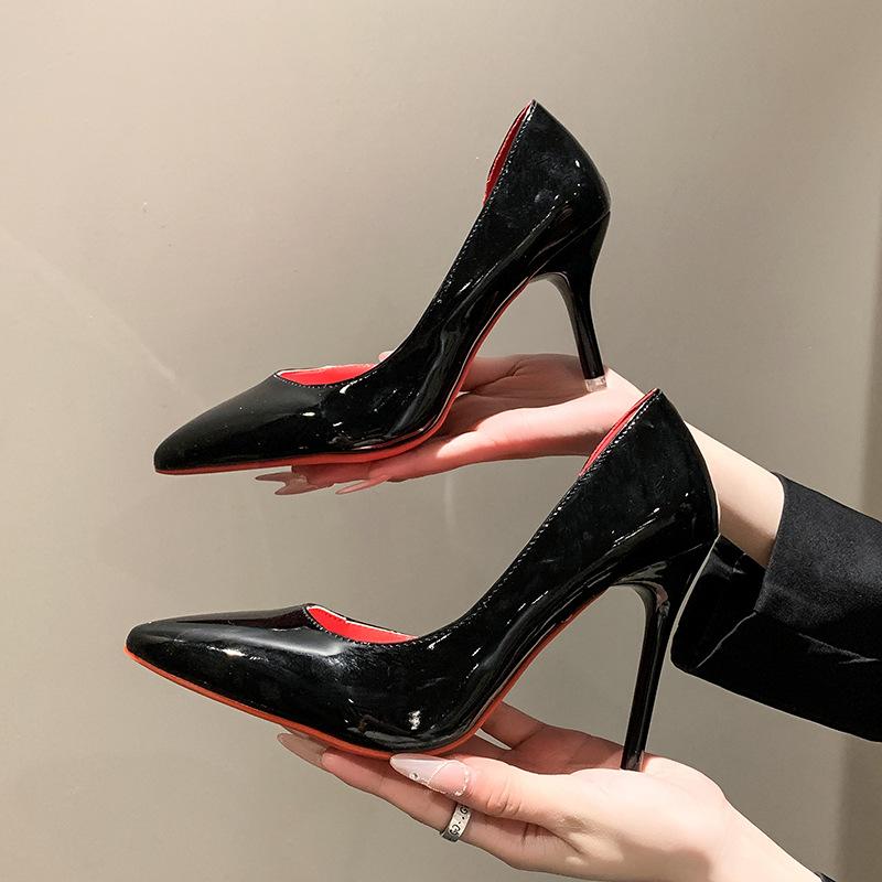 34-Size 44 plus Size Side Empty Patent Leather Red Bottom High Heels Women's Stiletto Heel Funny Pointed Toe Sexy Bed Fun Pumps