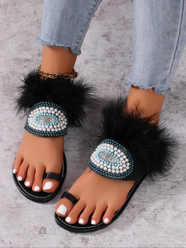 Women's Fashionable Faux Pearl & Rhinestone Decorated Slides, Casual Comfortable Flat Sandals for Summer, Non-slip Slippers for Indoor & Outdoor Wear