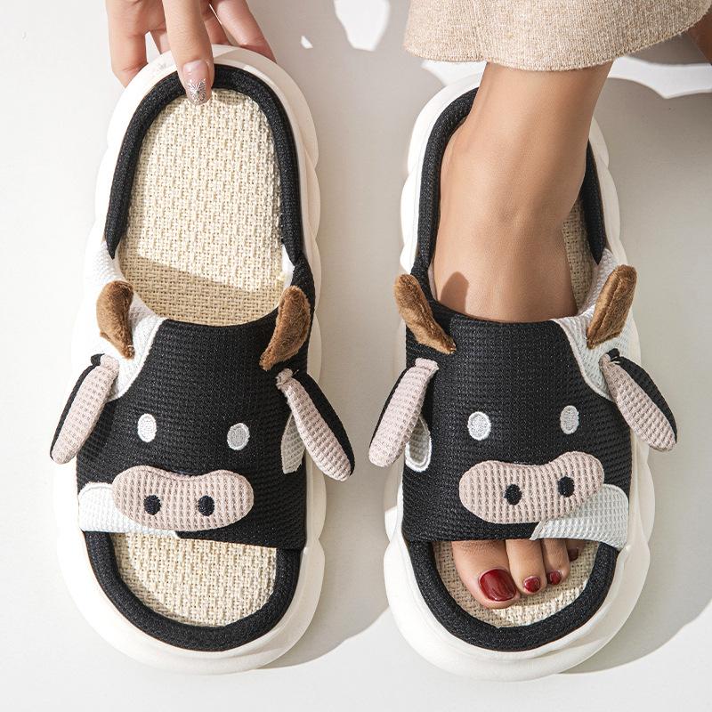 Women's Men's Cow Slippers, Cow Linen Slippers, Cow Cloud Slide Pillow Slippers Sandals Walking Shoes Footwear Soft Classic