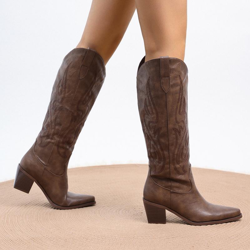 Cowboy Boots for Women - Wide Calf Cowgirl Knee High Boots with Side Zip and Embroidery, Pointed Toe Western Outfit Boots Chunky Heel Retro Tall, Pull On for Girls Ladies Botas