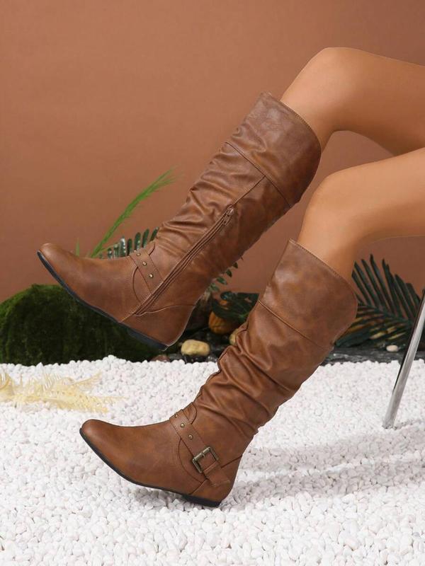 Women's American Retro Style Rivet Design Ruched Side Zipper Boots, Casual Round Toe Knee Boots for Daily Wear, Comfortable Shoes for Women & Girls