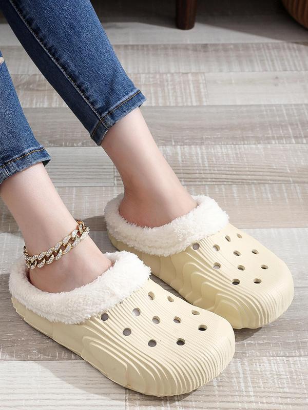 Women's Solid Color Plush Lined Clogs, Hollow Out Design House Slippers, Casual Soft Comfortable Home Slippers, Warm Slippers for Indoor & Outdoor Use for Fall & Winter