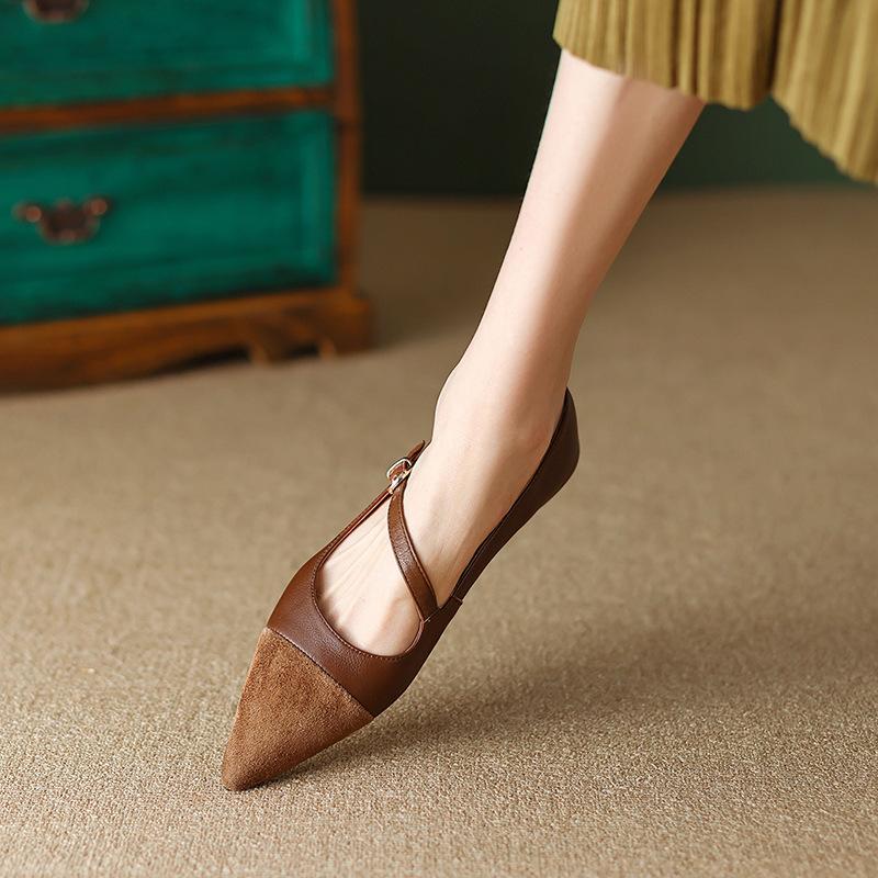 Retro Brown Pointed Toe Pumps Women's Soft Leather New Flat Heel Low-Cut Pumps Buckle Flat Shoes