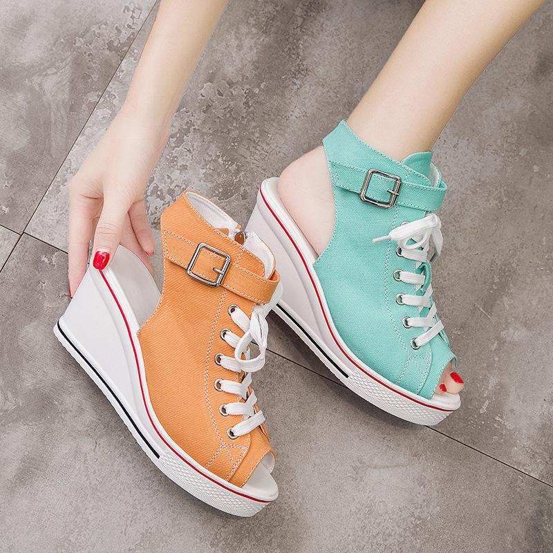 ALLINNINE Women's Sneaker Shoes High Heel Fashionable Canvas Shoes High Tube Lace Up Wedge Edge Zipper Slope Angle Shoes Size 4-11